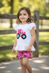 Pink Tractor printed on white ruffle top and pink shorts. LT-202011 SOL