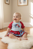 Patriotic patch lt. blue baby bodysuit with & red bubble sleeves and bloomers. RPG60810JEAN