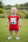 "Fire it up" Red baby romper with gingham trim. RPB60479 SOL