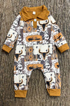 Golden brown western printed romper with patches. LR0425-8-AMY