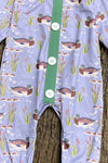 Mallard duck printed baby romper w/green trim & snaps. LR0425-9-SOL