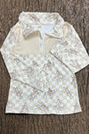 Ivory Checker & horse ride printed long sleeve pull over. BT0425-23-sol