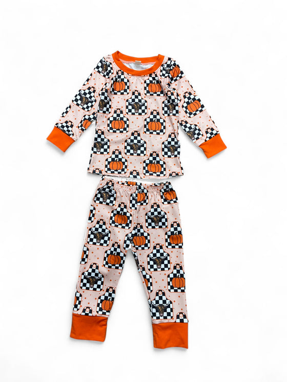 Checker highland cow and pumpkin printed 2 piece set. BLP062403-SOL