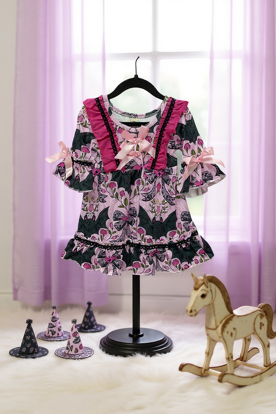 Bat multi printed girls ruffle hem dress. GLD062102-Jean
