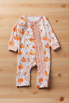  Pumpkin printed girls baby onesie with ruffle hem. LR062401-AMY