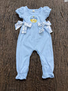 Lt. Blue embroidered pumpkin baby romper with 2 floral bows. SR0425-29-SOL