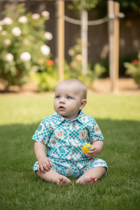 Easter checker printed boys 2 piece set. OFB50846 jean