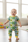 Little man" Tractor printed boys baby romper w/yellow trim. SR100108-SOL