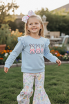 Easter bunny printed on lt.blue top & floral bell bottoms. GLP102311-JEANNE