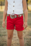 Red denim short with distressed hem. PNG25133011 SOL