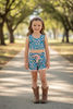 Teal ditsy floral printed bralette & shorts. OFG60144 SOL