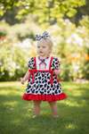 Farmhouse applique dress w/ cow print & red ruffle trim. DRG60408 AMY
