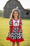 Farmhouse applique dress w/ cow print & red ruffle trim. DRG60408 AMY