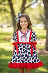 Farmhouse applique dress w/ cow print & red ruffle trim. DRG60408 AMY