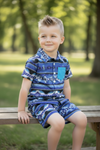 Blue aztec button up shirt & shorts. BSSO120203-AMY