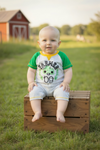 "Farmer Boy" Lt. gray baby romper w/green sleeve. RPB60087 AMY
