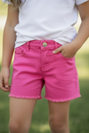 Fuchsia denim shorts w/pockets & distressed hem. PNG25133064 AMY