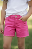 Fuchsia denim shorts w/pockets & distressed hem. PNG25133064 AMY