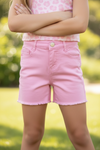 Lt. Pink denim short with distressed hem. PNG25133062 SOL