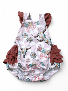  Mama's girl, ruffle butt baby onesie with snaps.