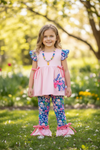Coral Easter bunny applique tunic & floral bell bottoms.OFG60225 SOL