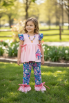 Coral Easter bunny applique tunic & floral bell bottoms.OFG60225 SOL