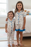 Easter bunny printed pajamas set with royal blue trim. PJG60022 AMY