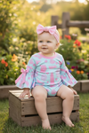 Pink easter bunny printed on blue bodysuit with snaps. RPG60191 SOL