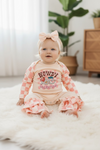 🌸Howdy Valentine" Checker printed baby romper w/ ruffle hem. RPG05203003 AMY
