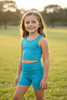 Turquoise Scallop tank top & biker shorts. High performance active wear. GSSO081904-JEAN