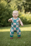 Gone fishing, green multi-printed patch baby romper with snaps. SR110612-JEAN
