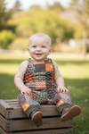Orange, brown & green patching, hunting printed baby romper with snaps. SR110616-AMY