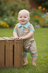 Aztec & horse printed baby romper with snaps & aqua trim. SR110609-AMY