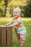 🌸Carrot printed with orange & green contrast baby romper with snaps. RPB50063 JEAN