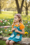 🌸Teal Easter overall dress with orange bubble shirt. OFG42832 JEAN
