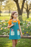 🌸Teal Easter overall dress with orange bubble shirt. OFG42832 JEAN