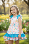 🌸 Easter printed dress w/turquoise contrast ruffle trim. DRG20114006 AMY