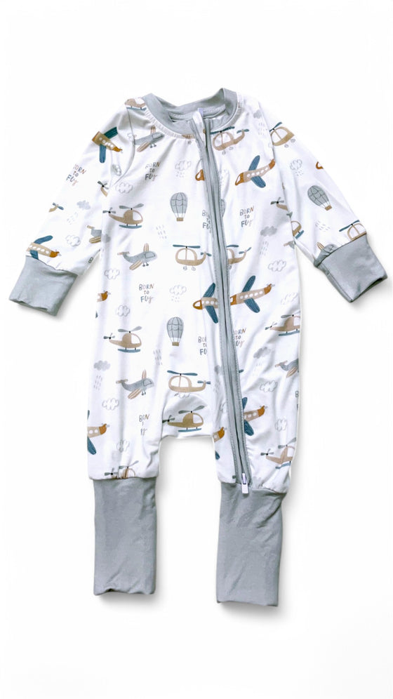 🎍Bamboo made born to fly/helicopter, air balloon printed onesie foot closure. RPB50073