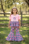 My first Rodeo" Checker bull skull & concho printed ruffle top & bell bottoms. OFG60707 JEAN