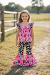 Howdy, concho,bull skull Pink tunic with cow printed angel sleeves & matching bottoms. OFG60709 SOL