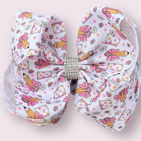 Back to school double layer printed rhinestone hair bows.
