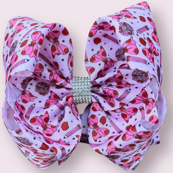 Back to school double layer printed rhinestone hair bows.