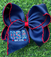 Navy blue Patriotic USA floral embroidery bow w/moon stitch. 4pcs/$12.00 BW-DSG-5134