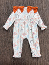Howdy" printed girls baby romper w/rust side bows. A2026-Sol