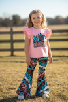 Rodeo" Pink angel sleeve top & multi-printed bell bottoms. OFG60881 AMY