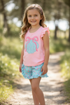 Floral Seashell applique on pink top and aqua floral printed shorts. OFG60255 JEAN
