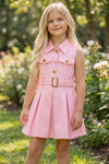Pink denim dress w/pleaded skirt & front pockets. DRG60693 SOL