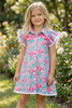 Pink coquette bow printed on blue A-line dress. DRG60749 JEAN