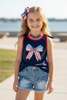 Navy blue patriotic bow printed tank top and denim distressed shorts. OFG60469 AMY