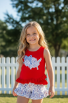 USA" Floral applique on red ruffle top & floral shorts. OFG60456 JEAN